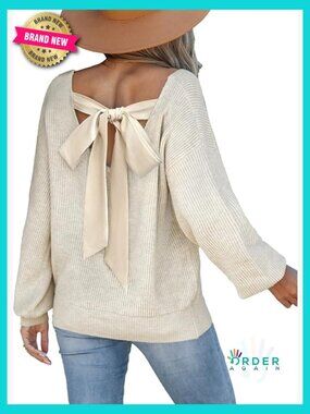 Lightweight Bow Back Knit Pullover Sweater Oversized Long Sleeve V-Neck